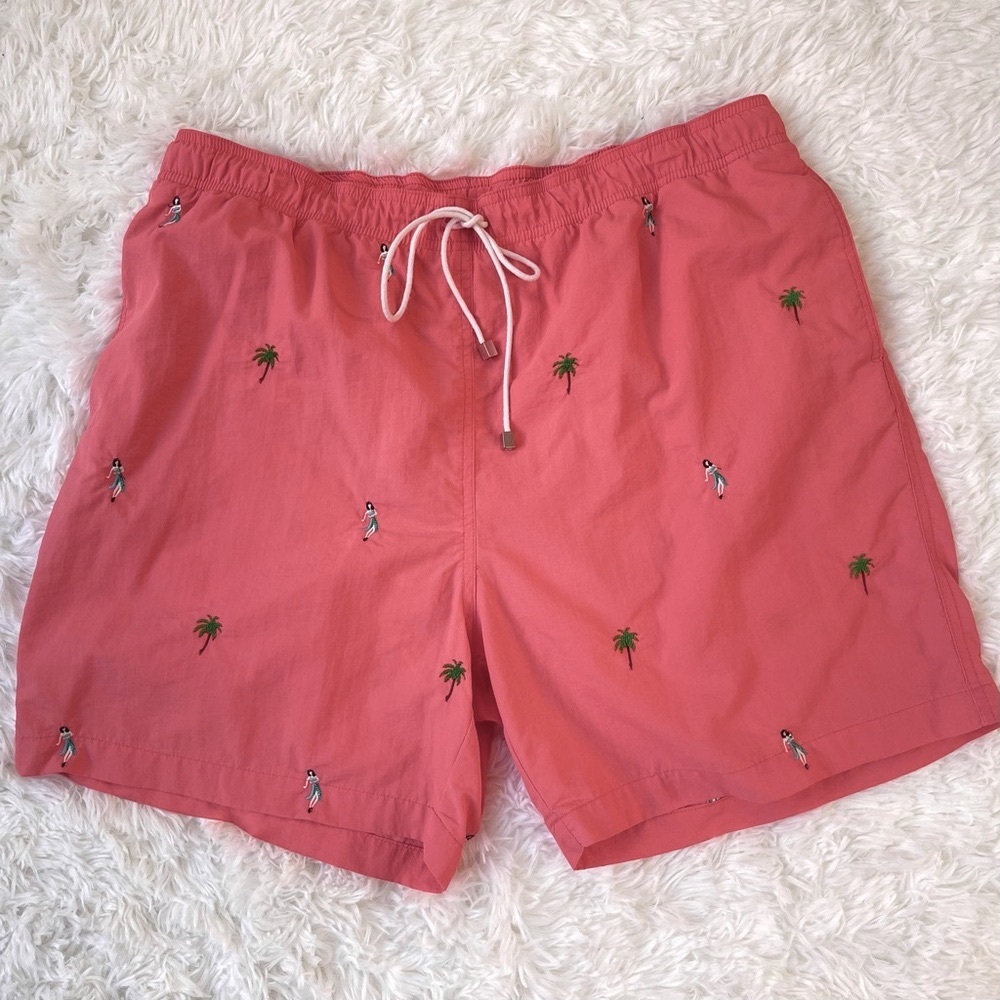 J. McLaughlin Coral Pink Swim Shorts with Embroidered Palm and Hula Girl Print